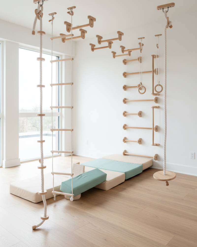 Indoor-Spielplatz für zuhause von Wood and Hearts. Kinder können täglich sicher spielen, klettern und sich bewegen. Mit dem Code Glamourella gibt es 5 % Rabatt auf alle Produkte.