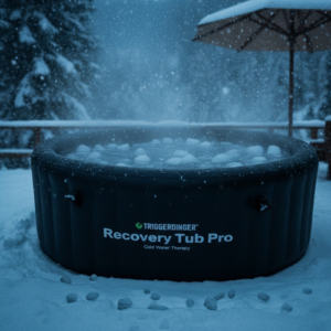 Nahaufnahme der Triggerdinger Recovery Tub Pro, ein mobiles Eisbad zur Regeneration nach dem Sport und zur Stärkung der Abwehrkräfte.