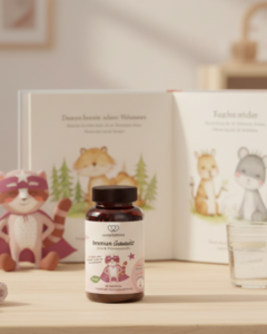 Kind hält Immungummies in der Hand, Produktbild von Wowtamins für Kinder im winterlichen Kontext